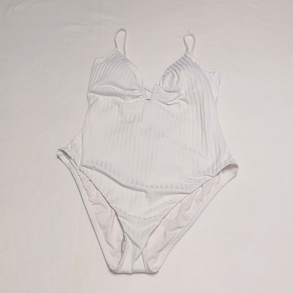 Sanctuary Womens White Ribbed Lace Up Back One Piece Swimsuit Size L New